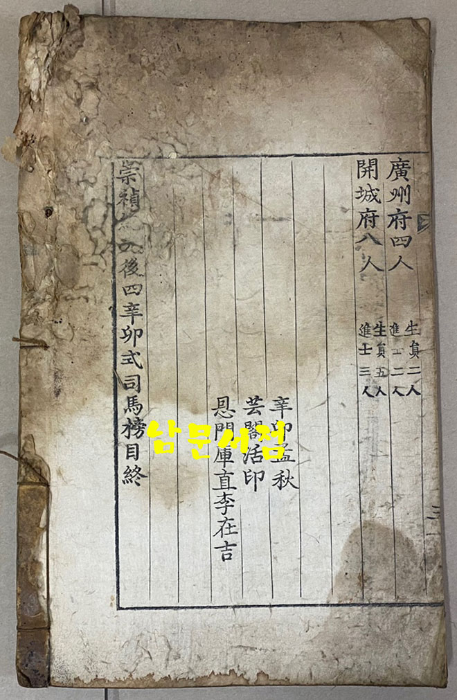 崇禎紀元後四辛卯式司馬榜目 숭정기원후사신묘식사마방목 1831년 금속활자본