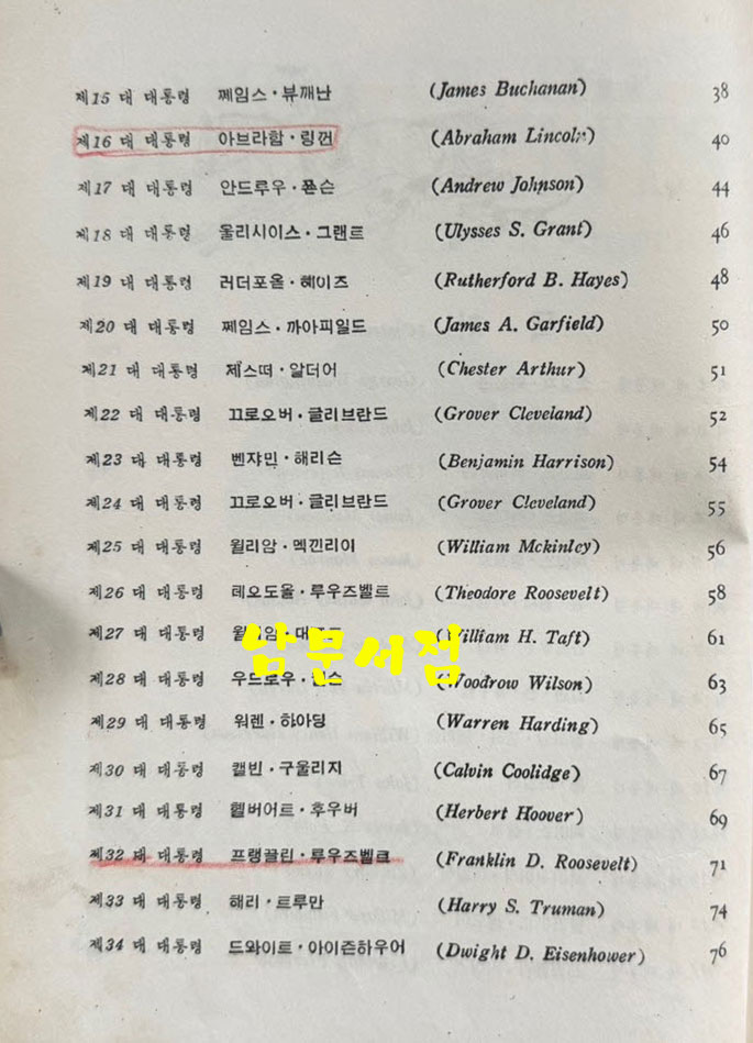 미국 역대 대통령 전기 1대~34대까지 / 문종각 / 1955년초판 / 80페이지 / 큰책