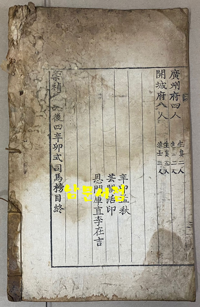 崇禎紀元後四辛卯式司馬榜目 숭정기원후사신묘식사마방목 1831년 금속활자겹장본 / 목록 겹1장 생원시 겹19장 진사시 겹19장 부록 겹5장 합 겹장44장