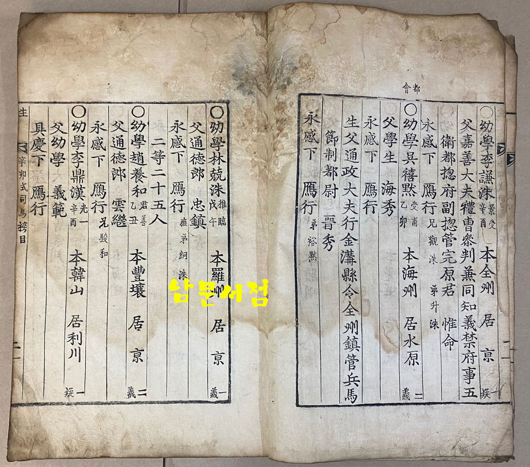 崇禎紀元後四辛卯式司馬榜目 숭정기원후사신묘식사마방목 1831년 금속활자겹장본 / 목록 겹1장 생원시 겹19장 진사시 겹19장 부록 겹5장 합 겹장44장