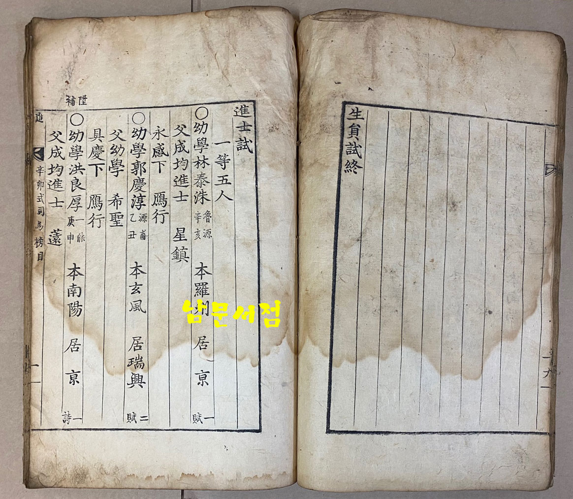 崇禎紀元後四辛卯式司馬榜目 숭정기원후사신묘식사마방목 1831년 금속활자겹장본 / 목록 겹1장 생원시 겹19장 진사시 겹19장 부록 겹5장 합 겹장44장