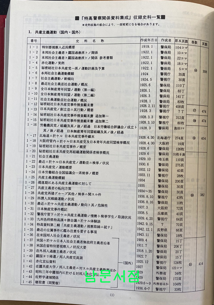 특고경찰관계자료집성 1~15 전15권 완질 영인본